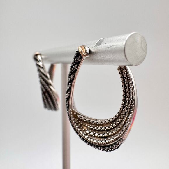 Tested Silver Twisted Hoop Earrings Faux Marcasite Milgrain Cobbled 9.23 Grams - Picture 3 of 16